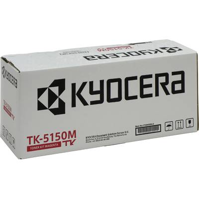 Tonerová kazeta Kyocera TK-5150M v bílé barvě s černým logem a červeným textovým nápisem. Obsahuje purpurový toner pro tiskárnu.