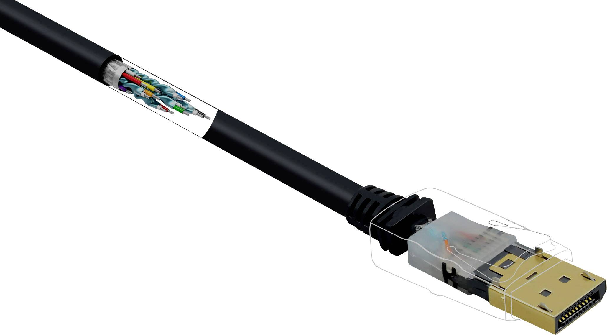 Černý kabel s lomovou koncovkou a štítkem s diagramem průřezu, který zobrazuje jeho vnitřní strukturu.