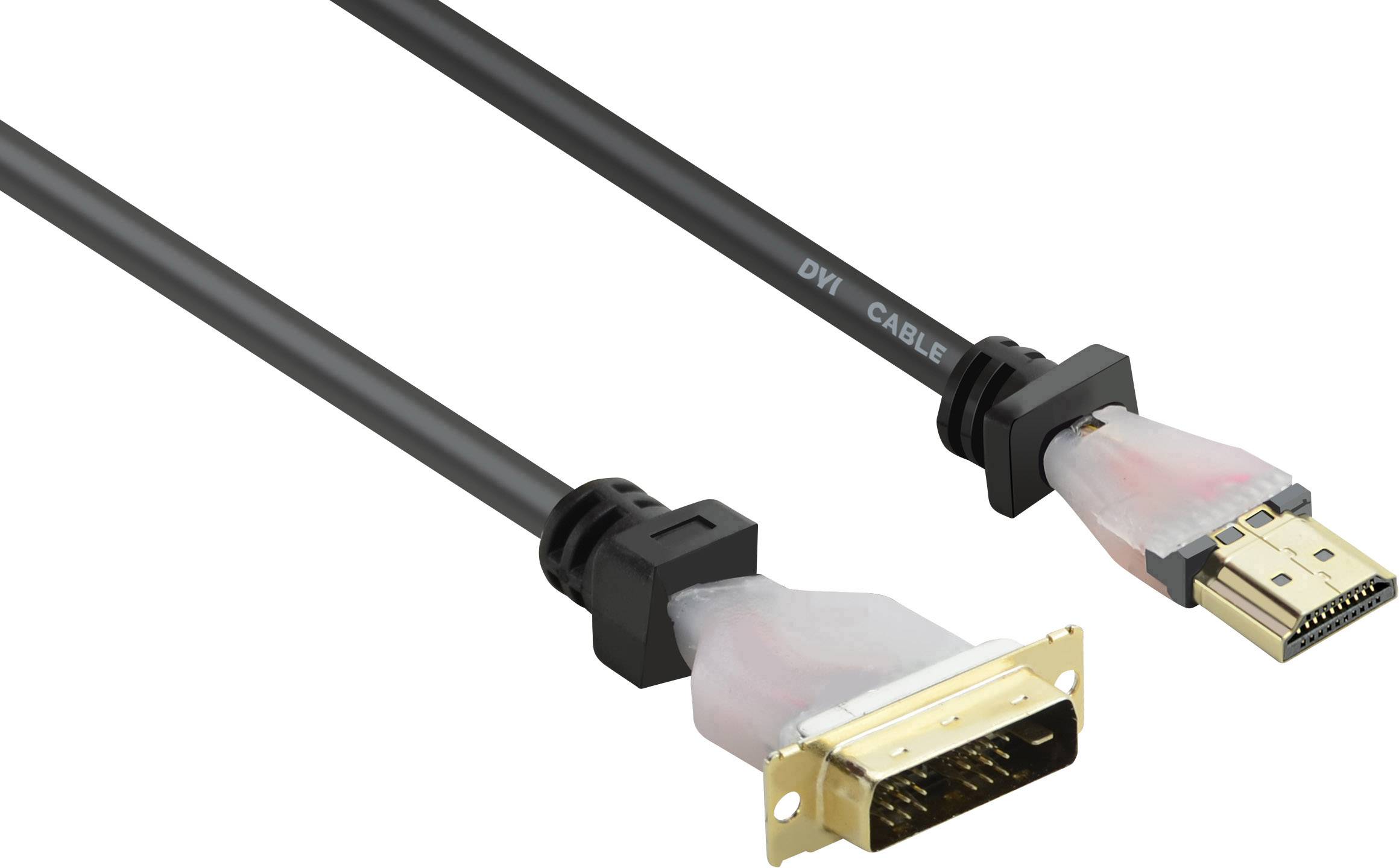 DVI-na-HDMI kabel, černý kabel s DVI konektorem na jedné straně a HDMI konektorem na straně druhé.