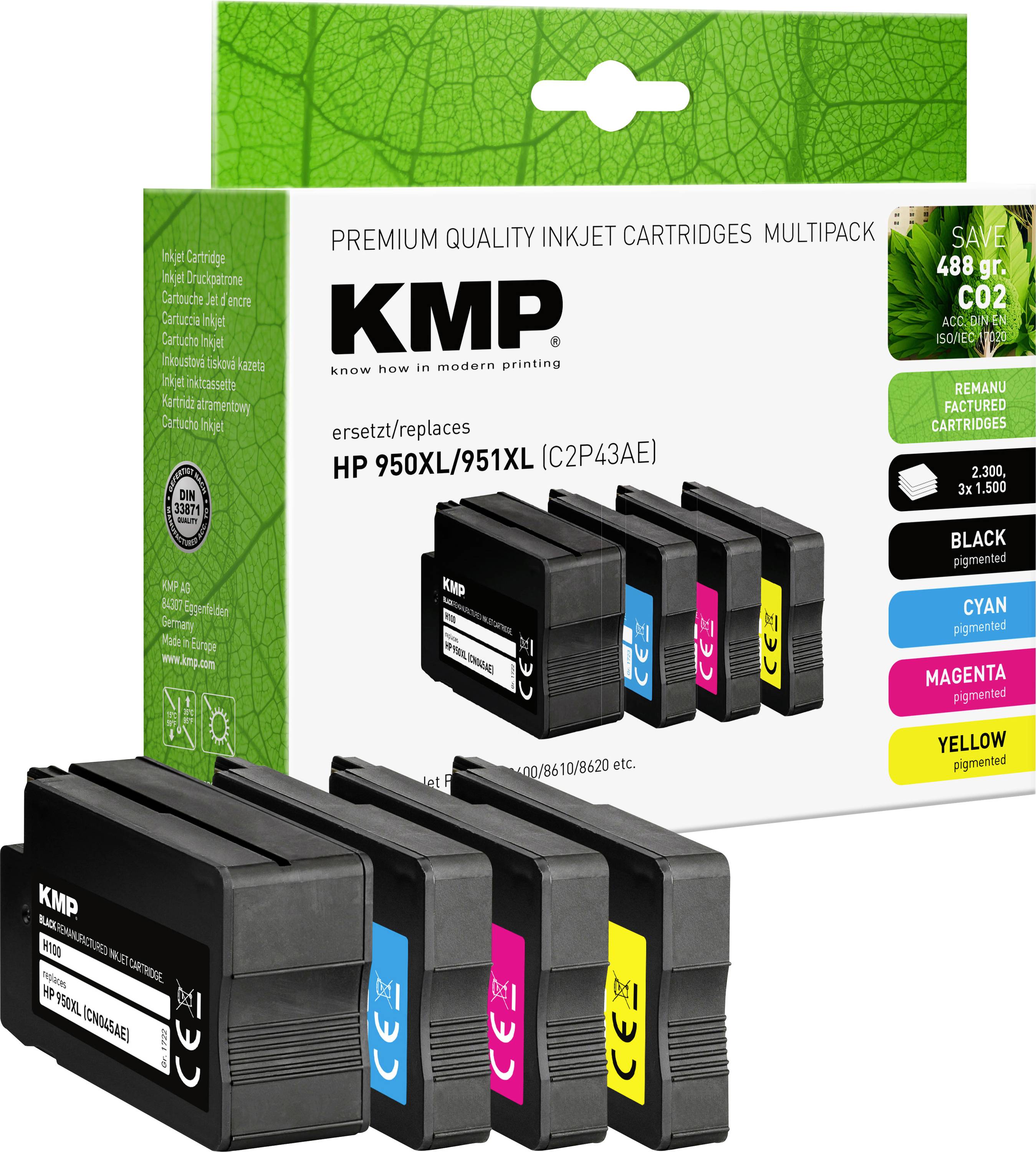 Multipack inkoustových kazet KMP pro HP 950XL/951XL, obsahuje černou, azurovou, purpurovou a žlutou. Balení klade důraz na šetrnost k životnímu prostředí.