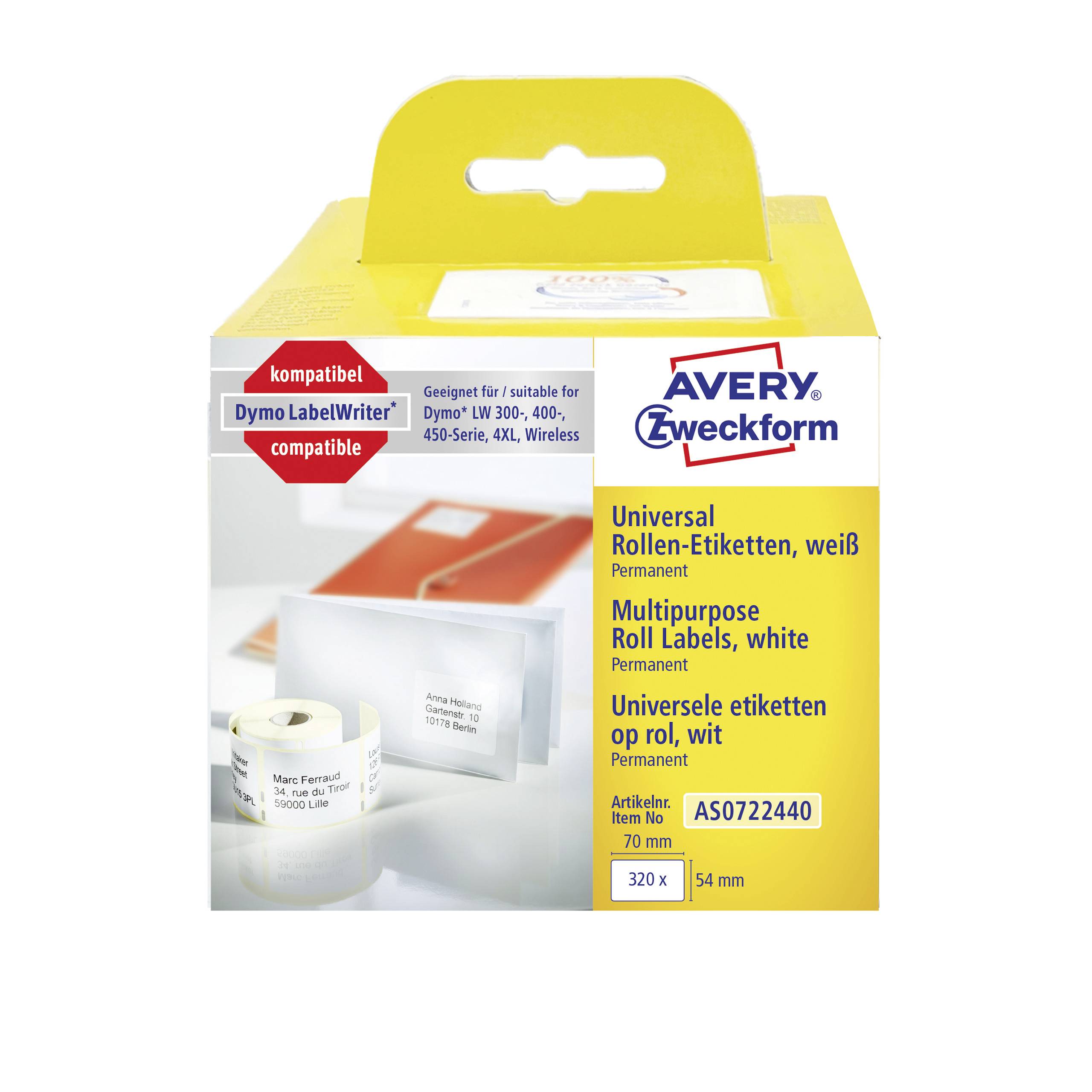 Balení universálních samolepicích štítků Avery Zweckform, bílé barvy. Kompatibilní s tiskárnami štítků Dymo LabelWriter. Katalogové číslo: 3270, 320 kusů.