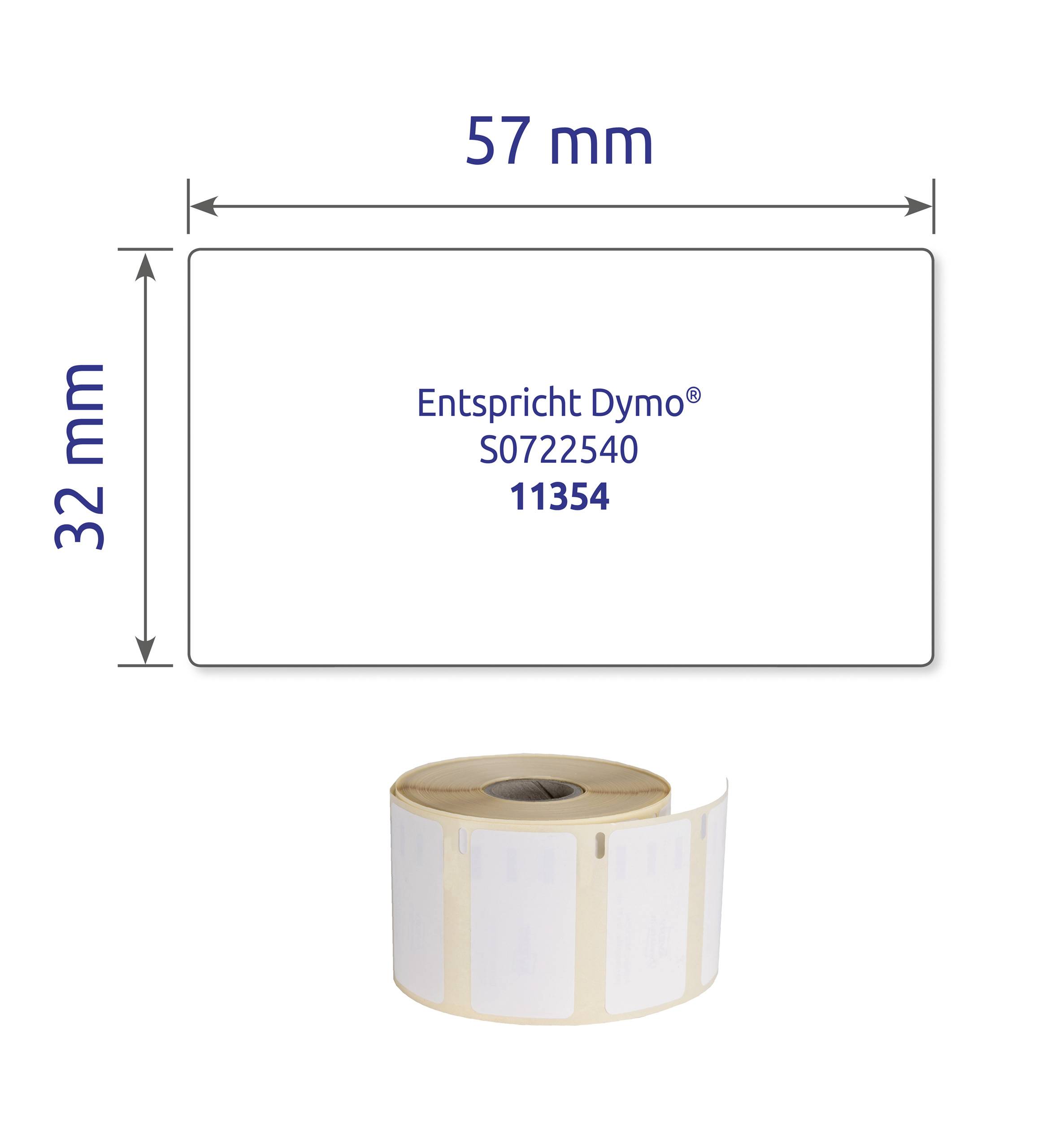 Štítek s rozměry 57x32 mm, text 'Odpovídá Dymo® S0722540 11354', pod ním jedna role těchto štítků.