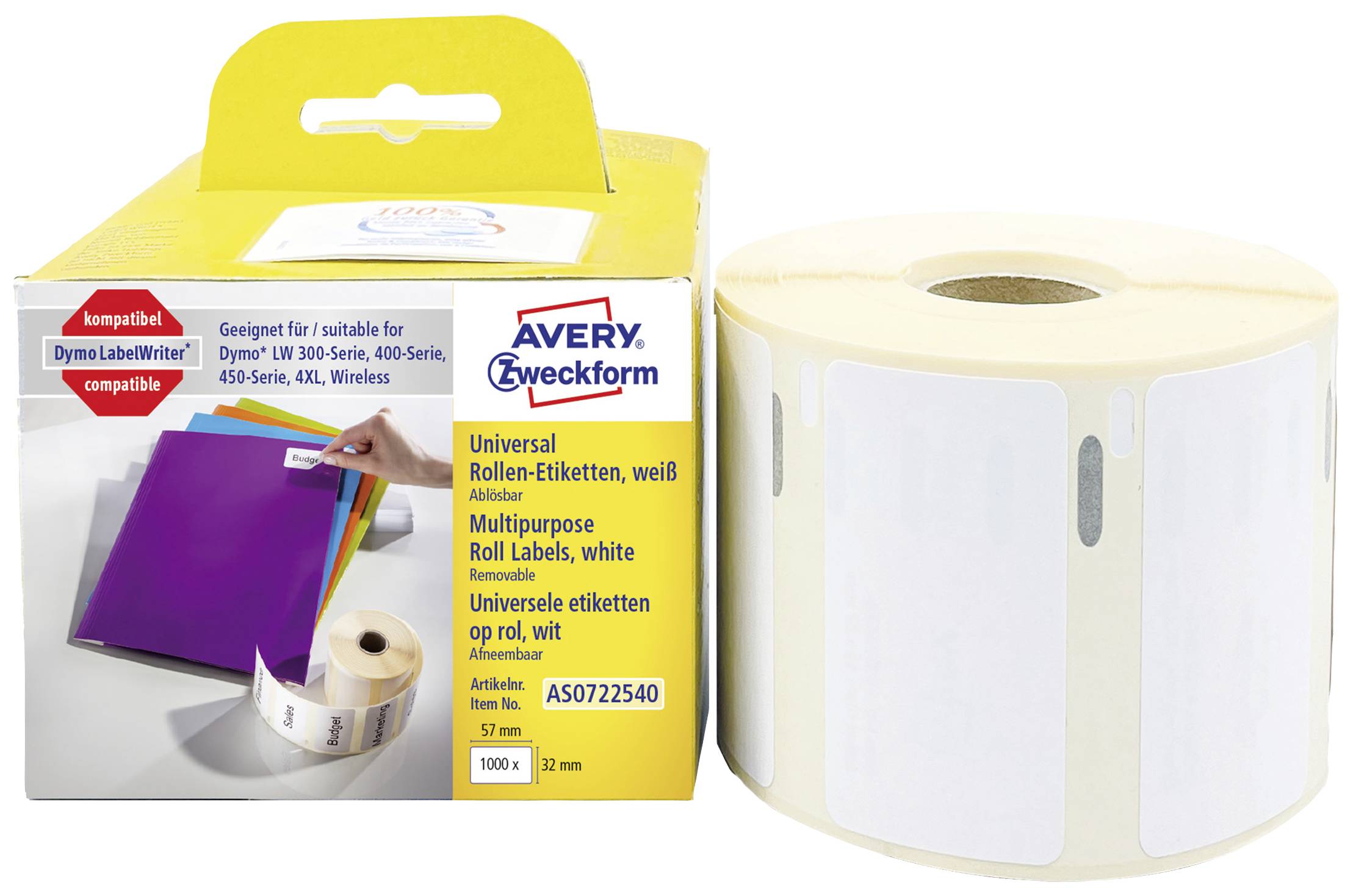 Univerzální štítky Avery Zweckform, bílé, kompatibilní s tiskárnami Dymo Labelwriter, 1000 štítků v roli.