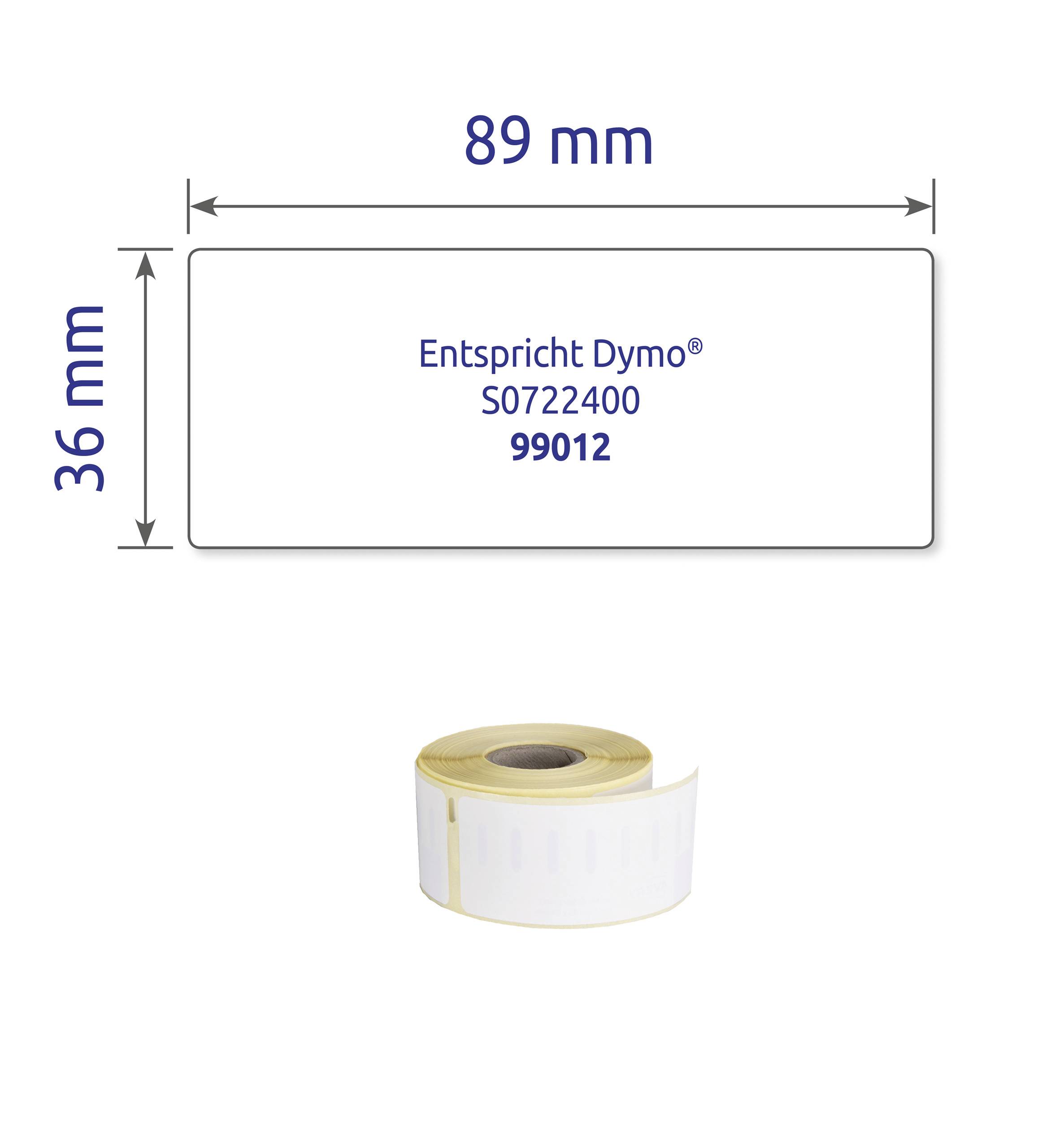 Etiketa zobrazuje rozměry 89 mm x 36 mm. Na etiketě je text 'Odpovídá Dymo® S0722400 99012'.