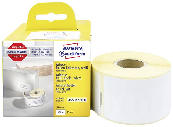 Avery-Zweckform etikety v roli kompatibilní náhradní DYMO, Seiko 99012, S0722400 89 x 36 mm papír bílá 260 ks trvalé Adresní nálepky ASS0722400