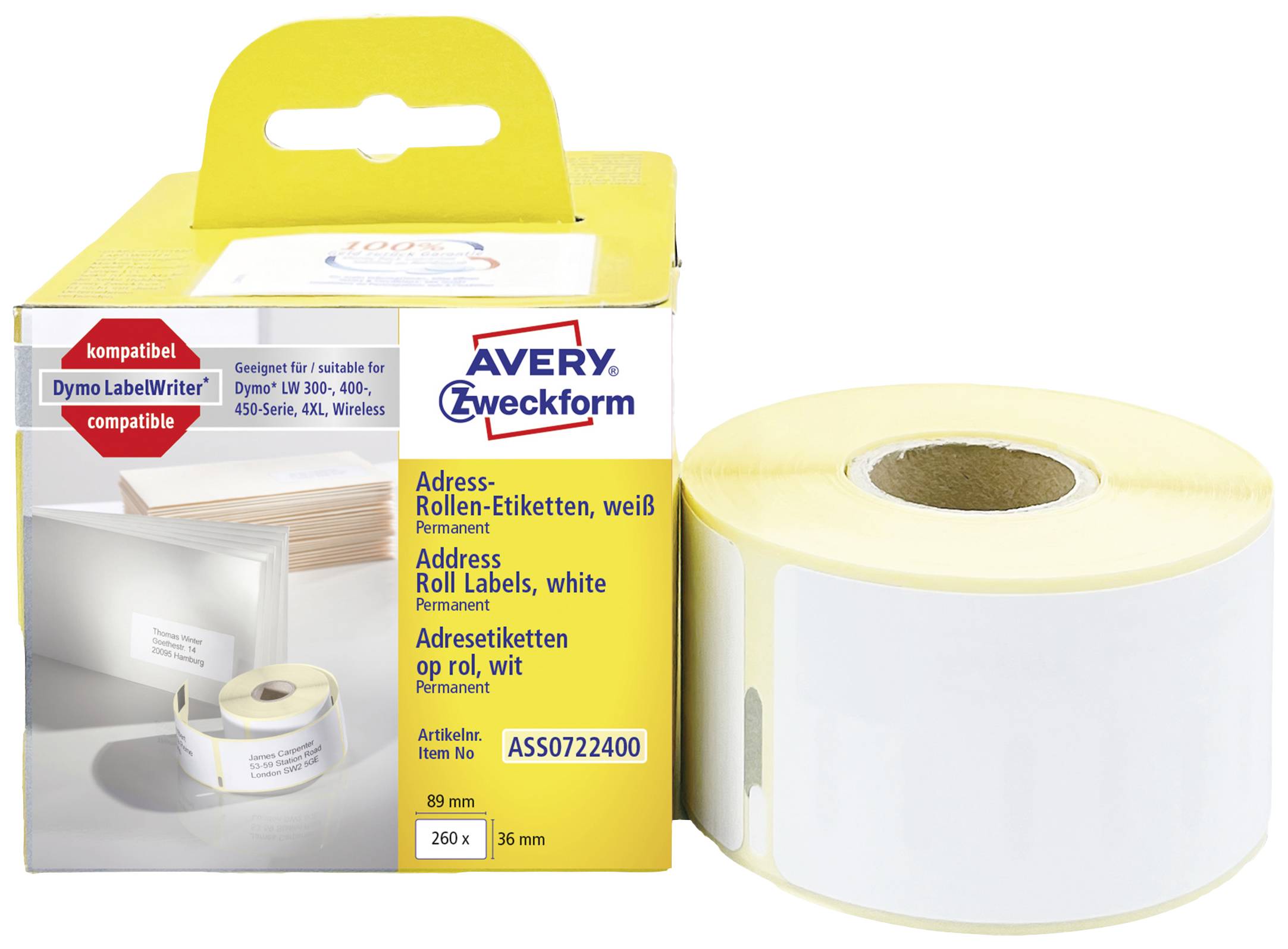 Žlutá krabice s bílými, permanentními adresními rolovými štítky od Avery Zweckform. Text: 'kompatibilní s Dymo LabelWriter'.