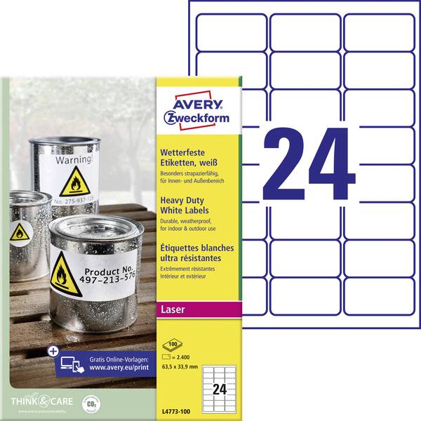 Avery-Zweckform L4773-100 Fóliové etikety  63.5 x 33.9 mm poylesterová fólie bílá 2400 ks trvalé barevná laserová tiskárna, laserová tiskárna, barevná kopírka, kopírka, ruční popis