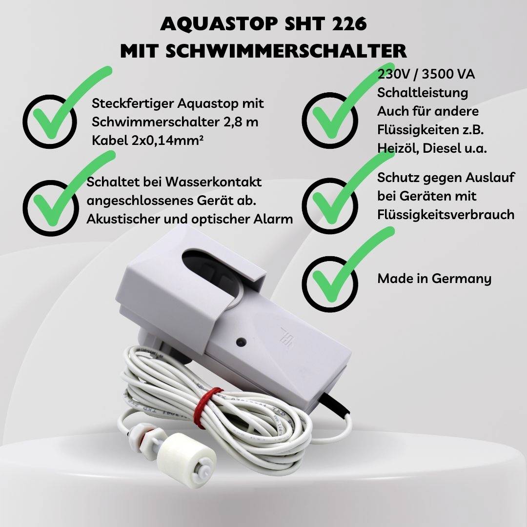 Aquastop SHT 226 se spínačem plovákového typu: kabel 2,8 m, 230V, chrání před kontaktem s kapalinou. Vhodný pro topný olej a naftu.