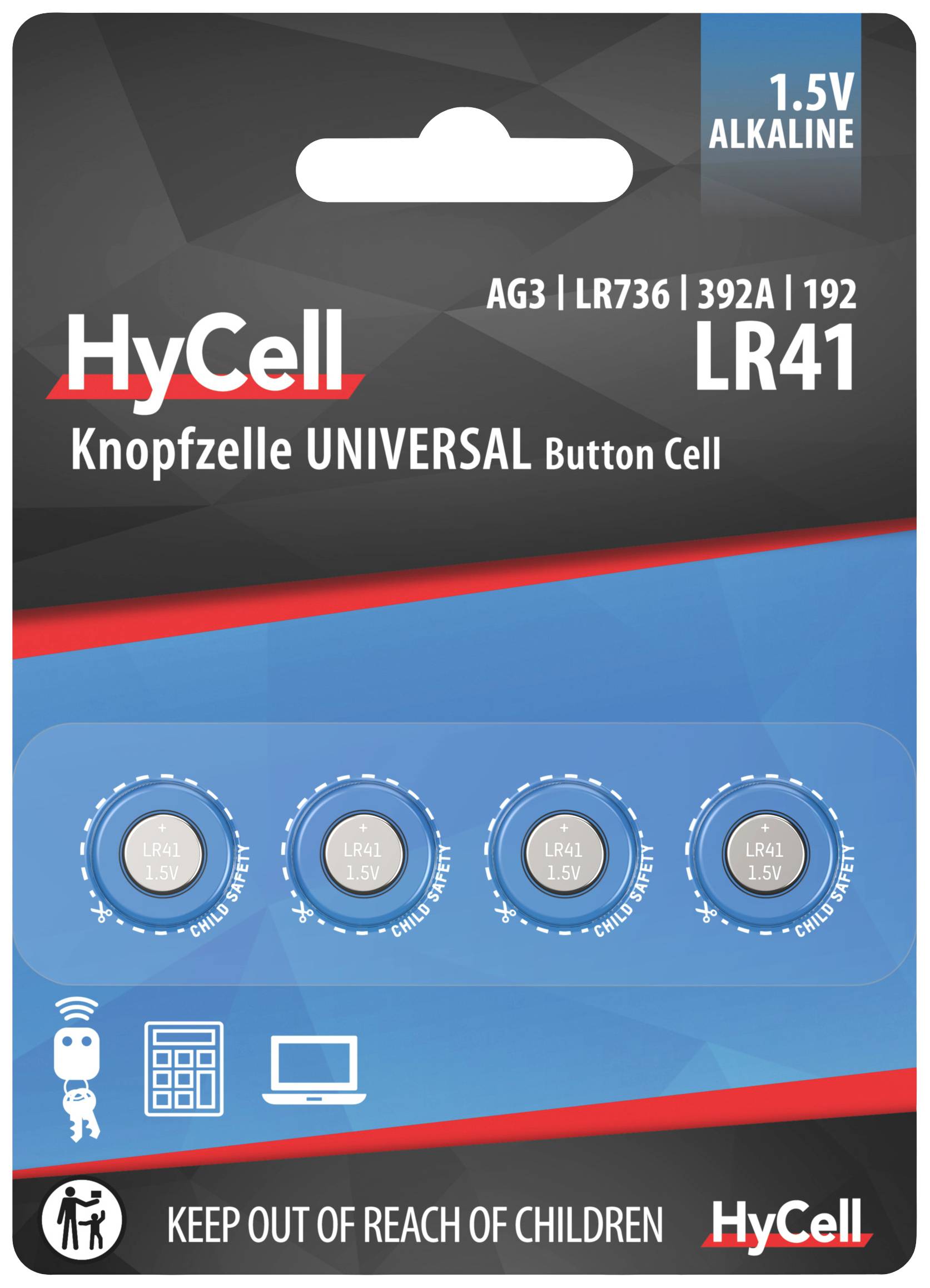 'HyCell Knoflíková baterie UNIVERSAL Button Cell', 1,5V alkalická, model LR41. Čtyři baterie v blistrovém balení. Upozornění: 'UCHOVÁVEJTE MIMO DOSAH DĚTÍ'.