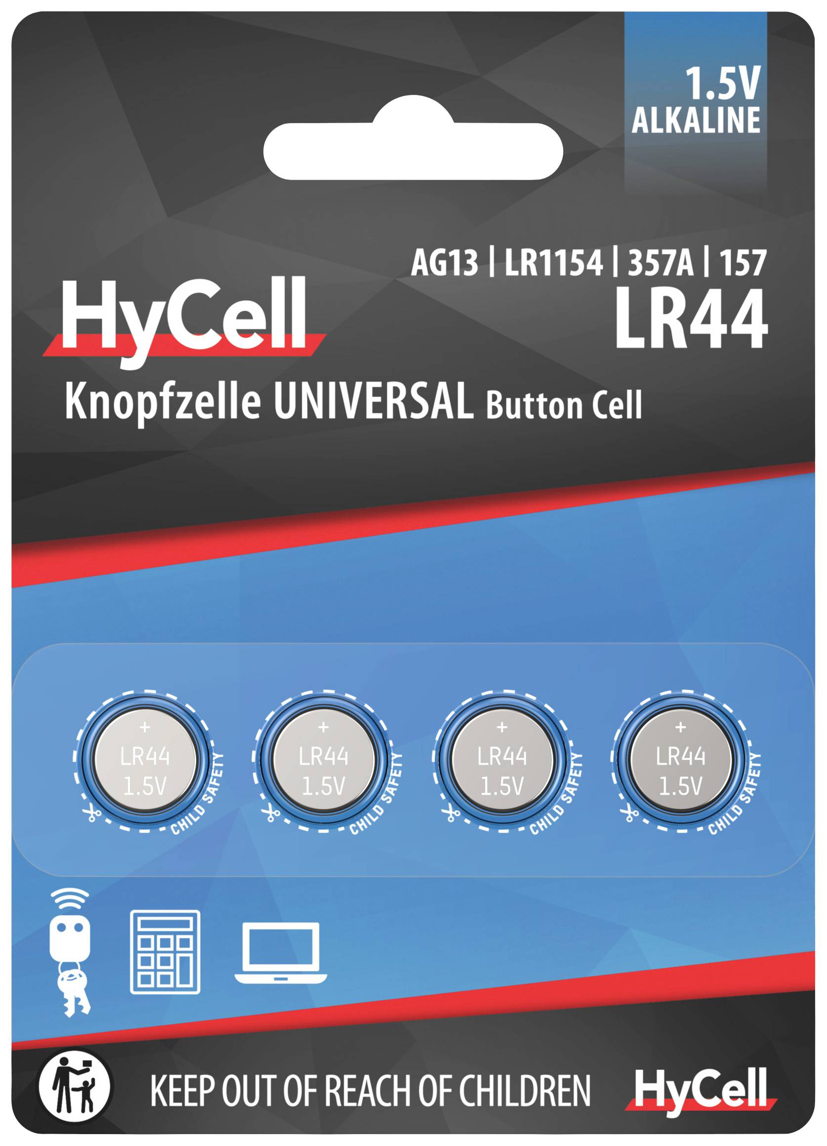 Balení se čtyřmi knoflíkovými bateriemi HyCell LR44, 1,5V alkalické. Upozornění: 'Uchovávejte mimo dosah dětí'. Vhodné pro malá elektronická zařízení.