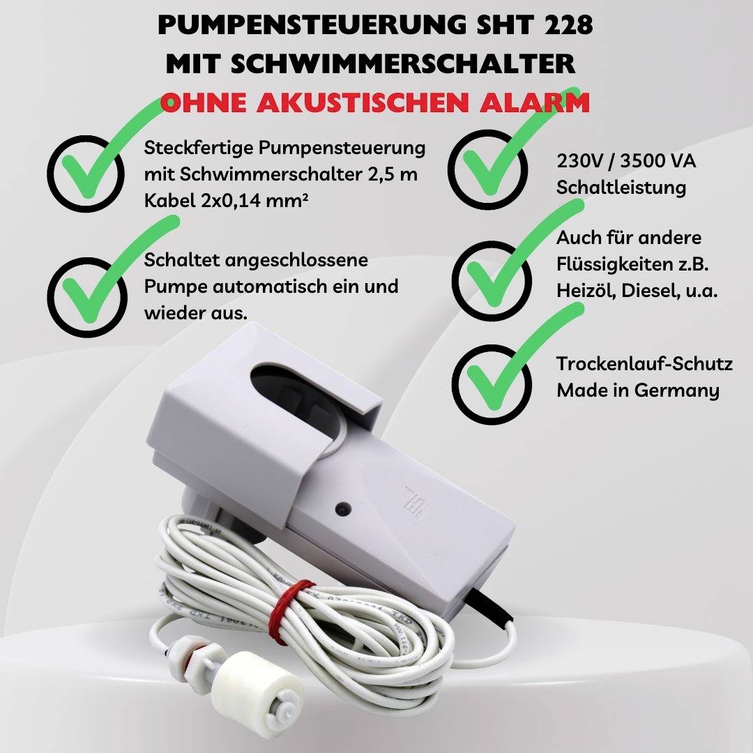'Řízení čerpadla SHT 228 s plovákový spínačem, bez akustické výstrahy, 230V/3500VA, připraveno k použití, s 2,5m kabelem, ochrana vyrobeno v Německu.'