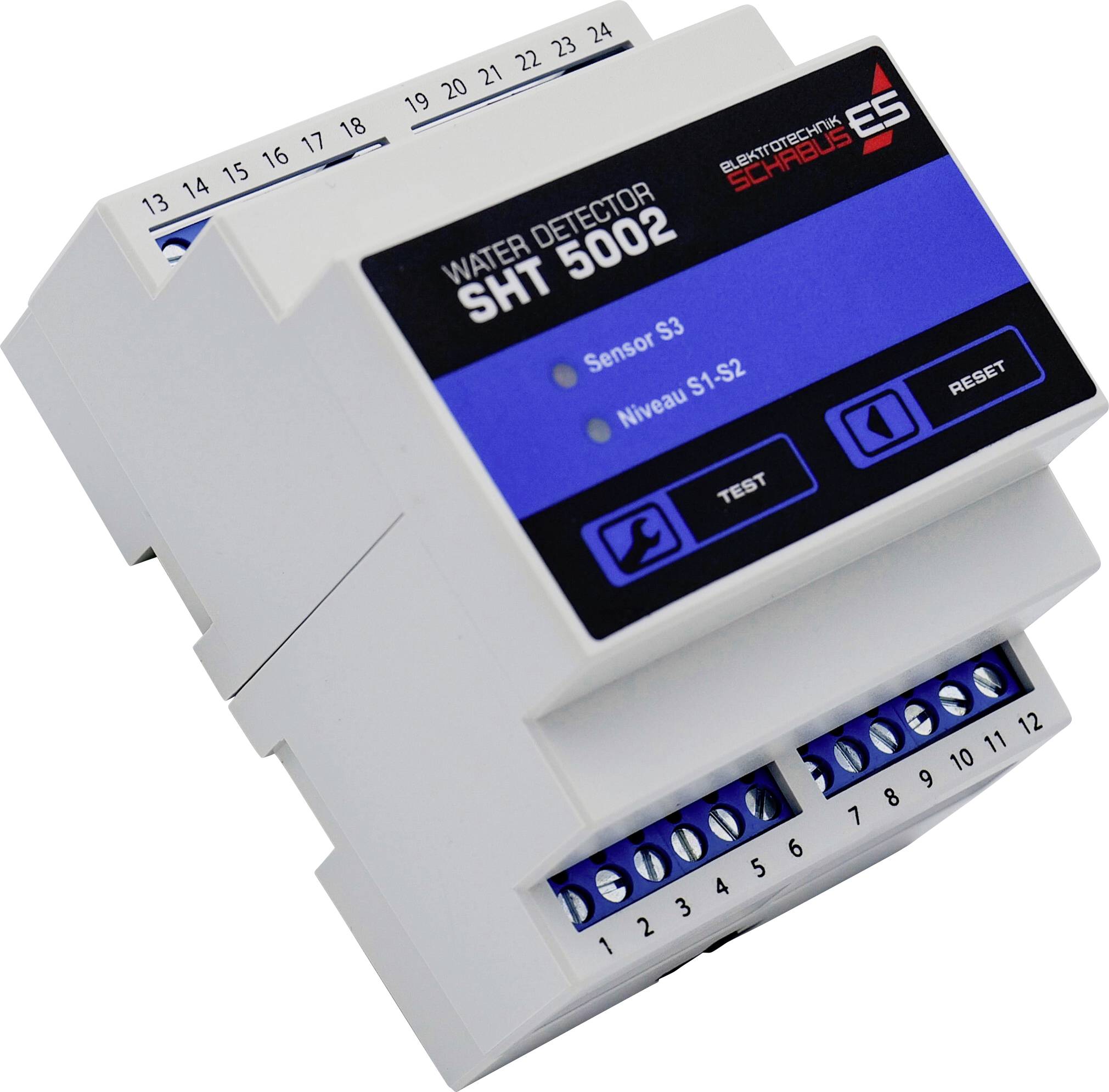 Detektor vody SHT 5002 v modré a bílé barvě. Zobrazuje ovládací panel s tlačítky pro 'Test' a 'Reset'. Připojovací svorky viditelné dole.
