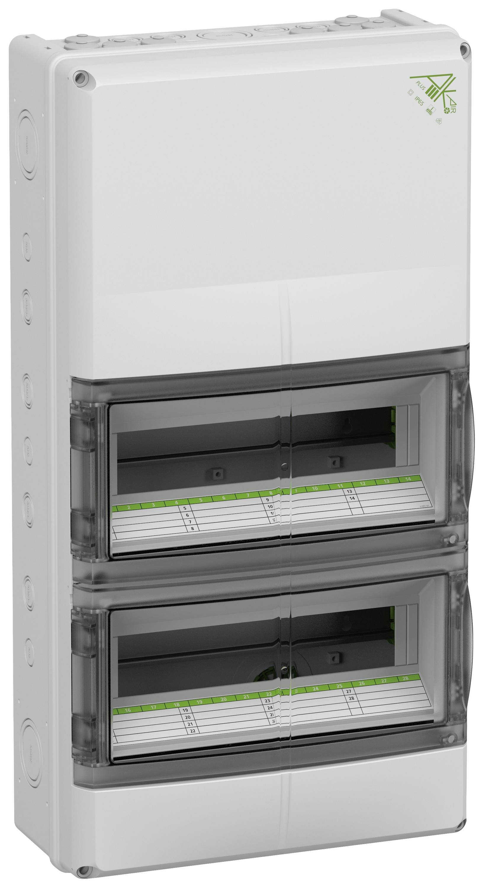 Elektrorozvaděč se dvěma transparentními dveřmi, za nimiž jsou viditelné elektrické schémata. Vlevo nahoře: zelené logo.