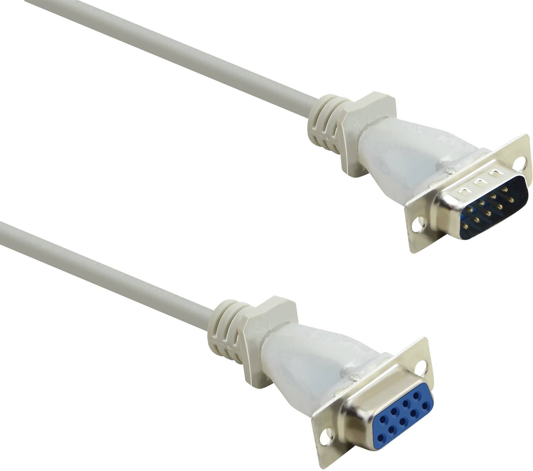 Šedý sériový kabel s konektorem samec a samice, vhodný pro připojení zařízení v počítačových sítích.