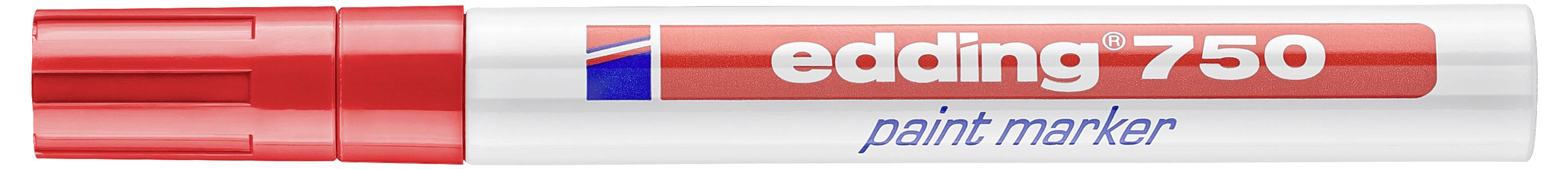 Červený značkovací popisovač Edding 750 s bílým tělem, označený "edding 750" a "paint marker".