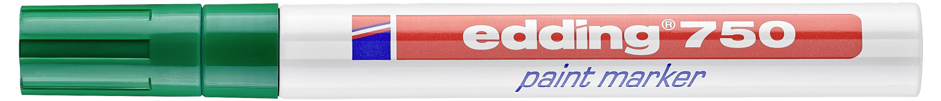 Bílý značkovací popis s zeleným uzávěrem, označený edding 750 a paint marker.