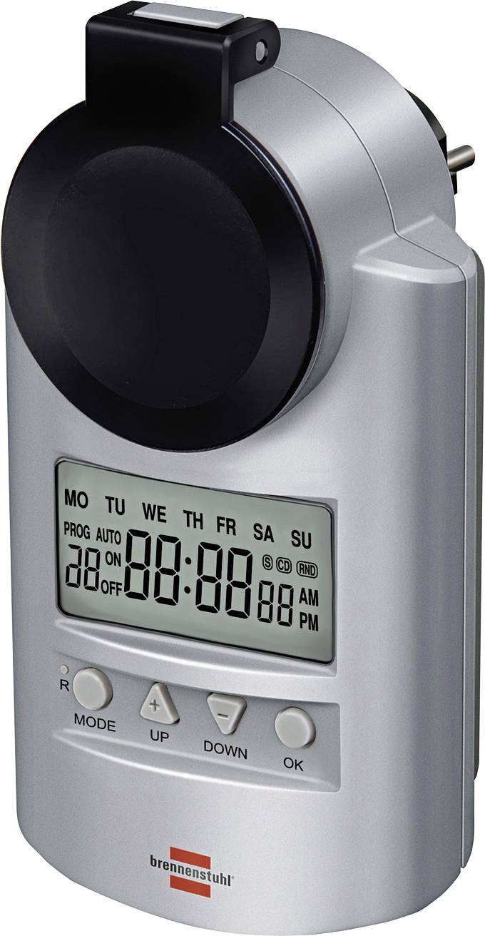 Digitální zásuvkový časovač s LCD displejem a čtyřmi tlačítky, používaný k nastavení plánů zapnutí/vypnutí elektrické zásuvky.