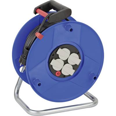 Modrý kabel na cívce se čtyřmi elektrickými zásuvkami a černou rukojetí, namontovaný na kovovém stojanu s navinutým kabelem.