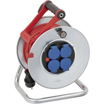 Přenosný kovový buben na kabel s červeným madlem a čtyřmi modrými elektrickými zásuvkami, určený pro distribuci energie pomocí prodlužovacího kabelu.