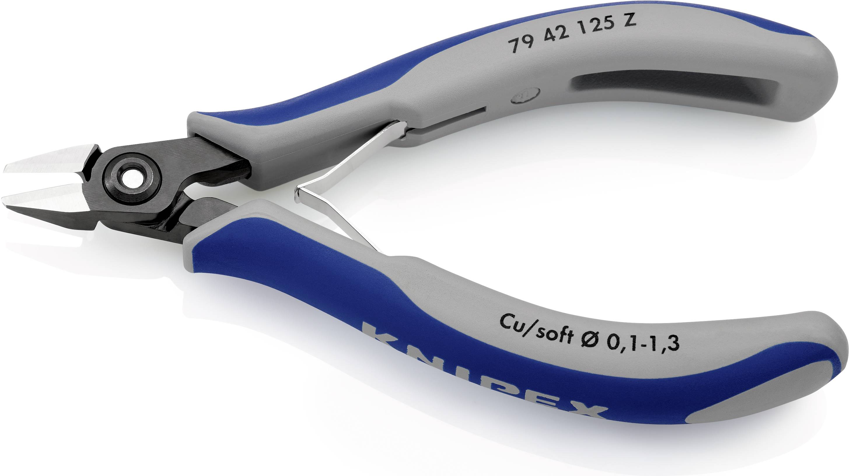 Boční štípací kleště s modrými a šedými rukojeťmi, vhodné pro měkké dráty o průměru 0,1 až 1,3 mm.