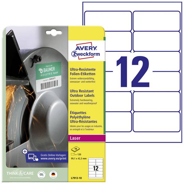 Avery-Zweckform L7913-10 Fóliové etikety  99.1 x 42.3 mm polyethylenová fólie bílá 120 ks trvalé barevná laserová tiskárna, laserová tiskárna, barevná kopírka, kopírka, ruční popis