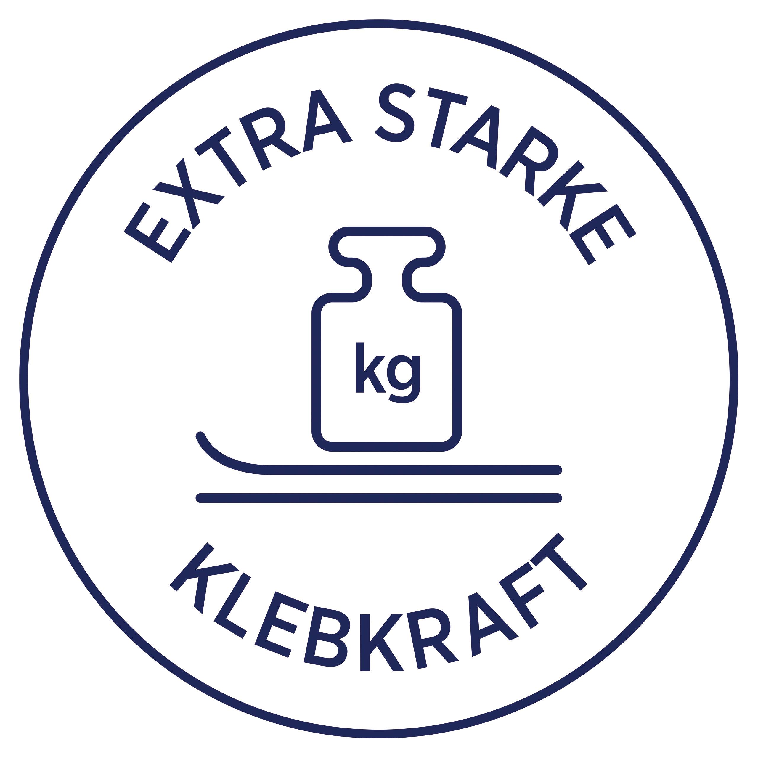Kulaté logo s nápisem 'Mimořádně silná lepivost' a symbolem závaží na povrchu.