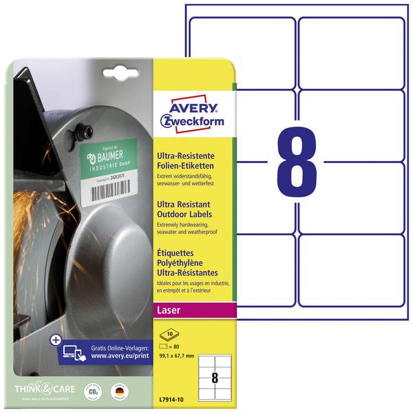Avery-Zweckform L7914-10 Fóliové etikety  99.1 x 67.7 mm polyethylenová fólie bílá 80 ks trvalé barevná laserová tiskárna, laserová tiskárna, barevná kopírka, kopírka, ruční popis