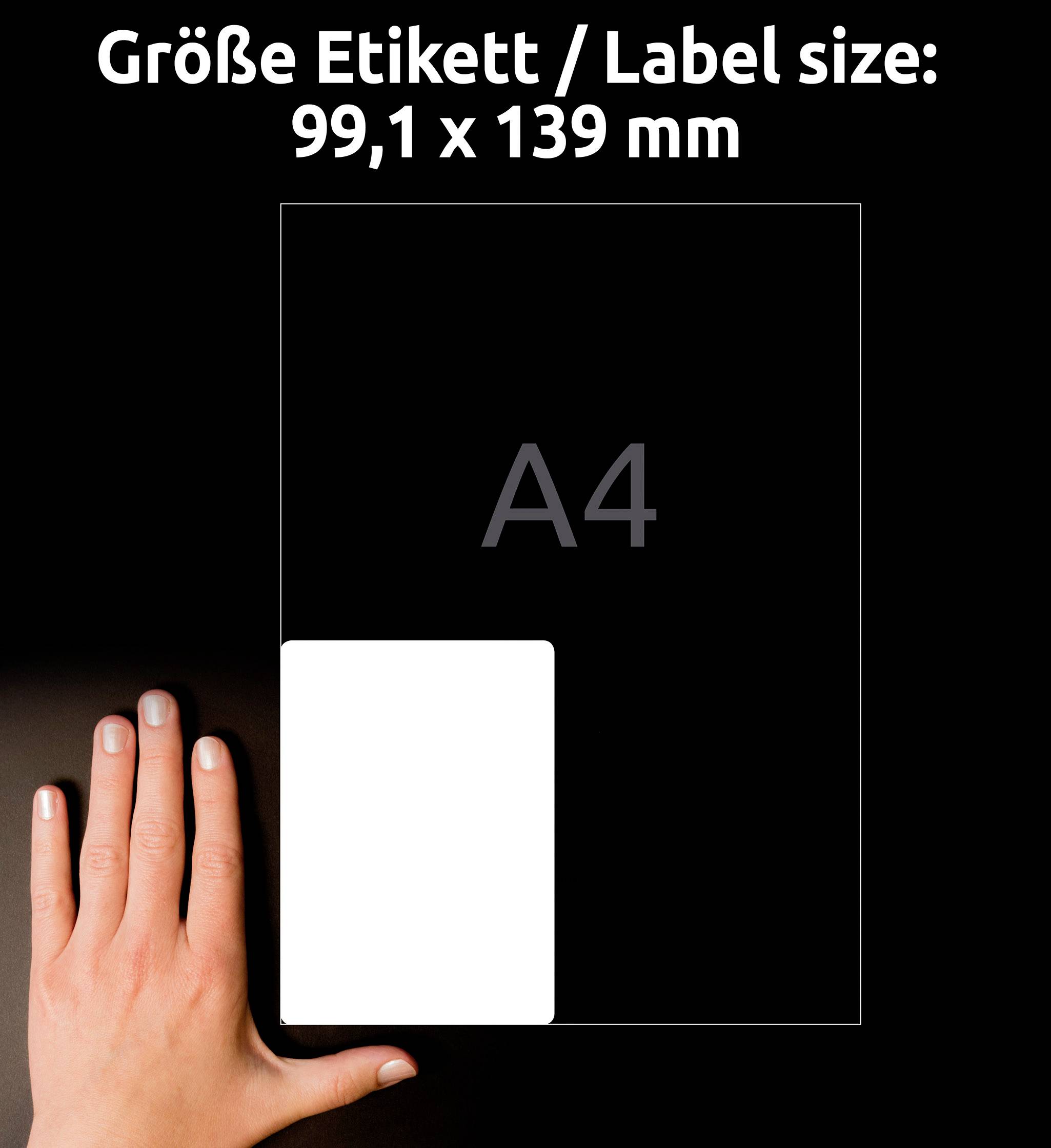 Jedna ruka ukazuje na list papíru formátu A4. Na papíře je vyznačena etiketa o rozměrech 99,1 x 139 mm.