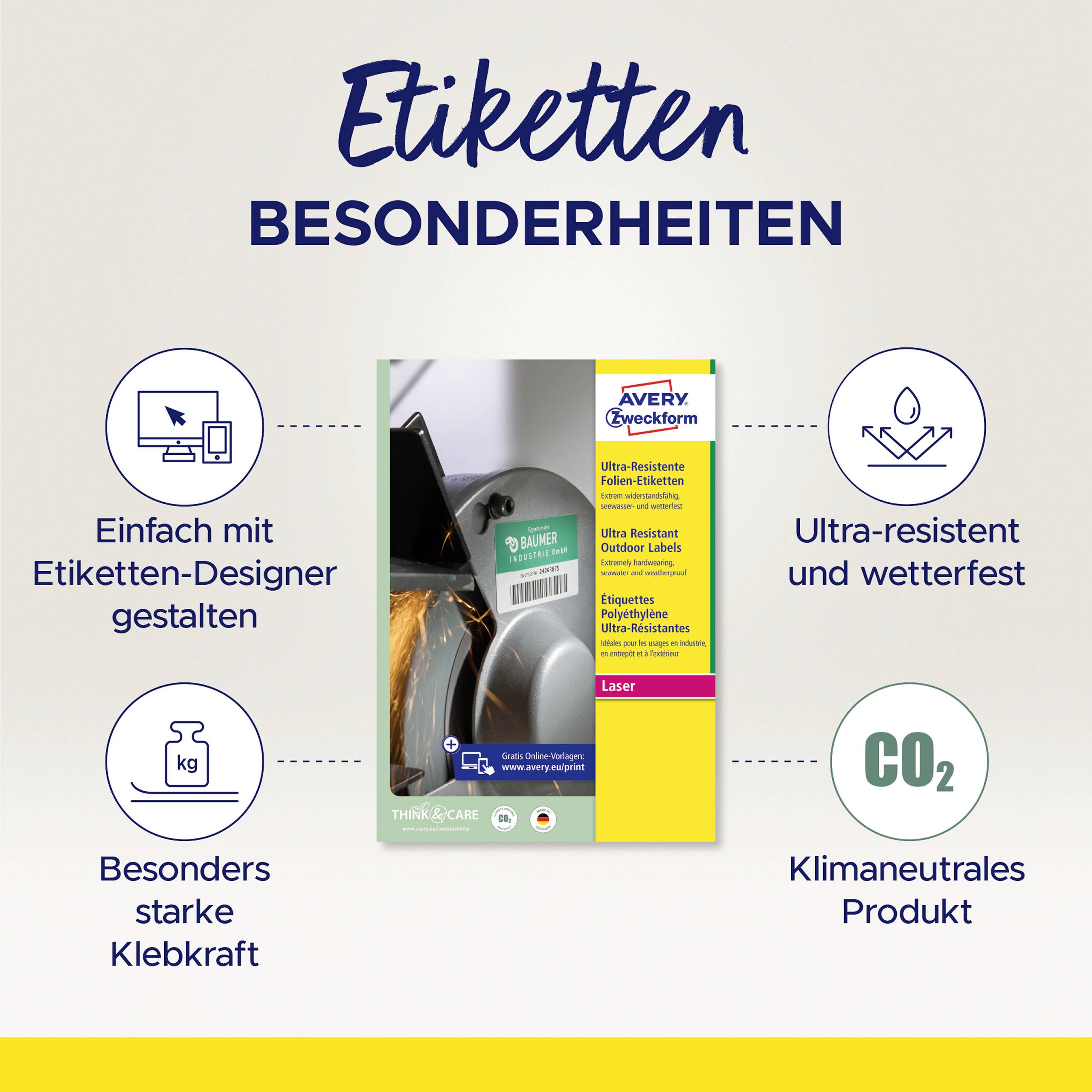 Tisknutelné etikety; snadno navrhnutelné, ultra-odolné, silná přilnavost, klimaticky neutrální. Značkový výrobek ve středu.