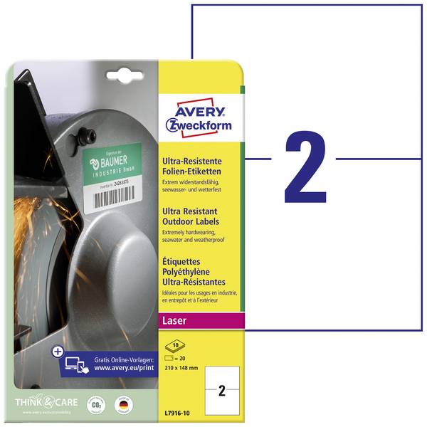 Avery-Zweckform L7916-10 Fóliové etikety  210 x 148 mm polyethylenová fólie bílá 20 ks trvalé barevná laserová tiskárna, laserová tiskárna, barevná kopírka, kopírka, ruční popis