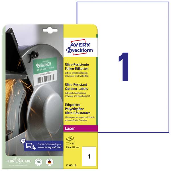 Avery-Zweckform L7917-10 Fóliové etikety  210 x 297 mm polyethylenová fólie bílá 10 ks trvalé barevná laserová tiskárna, laserová tiskárna, barevná kopírka, kopírka, ruční popis
