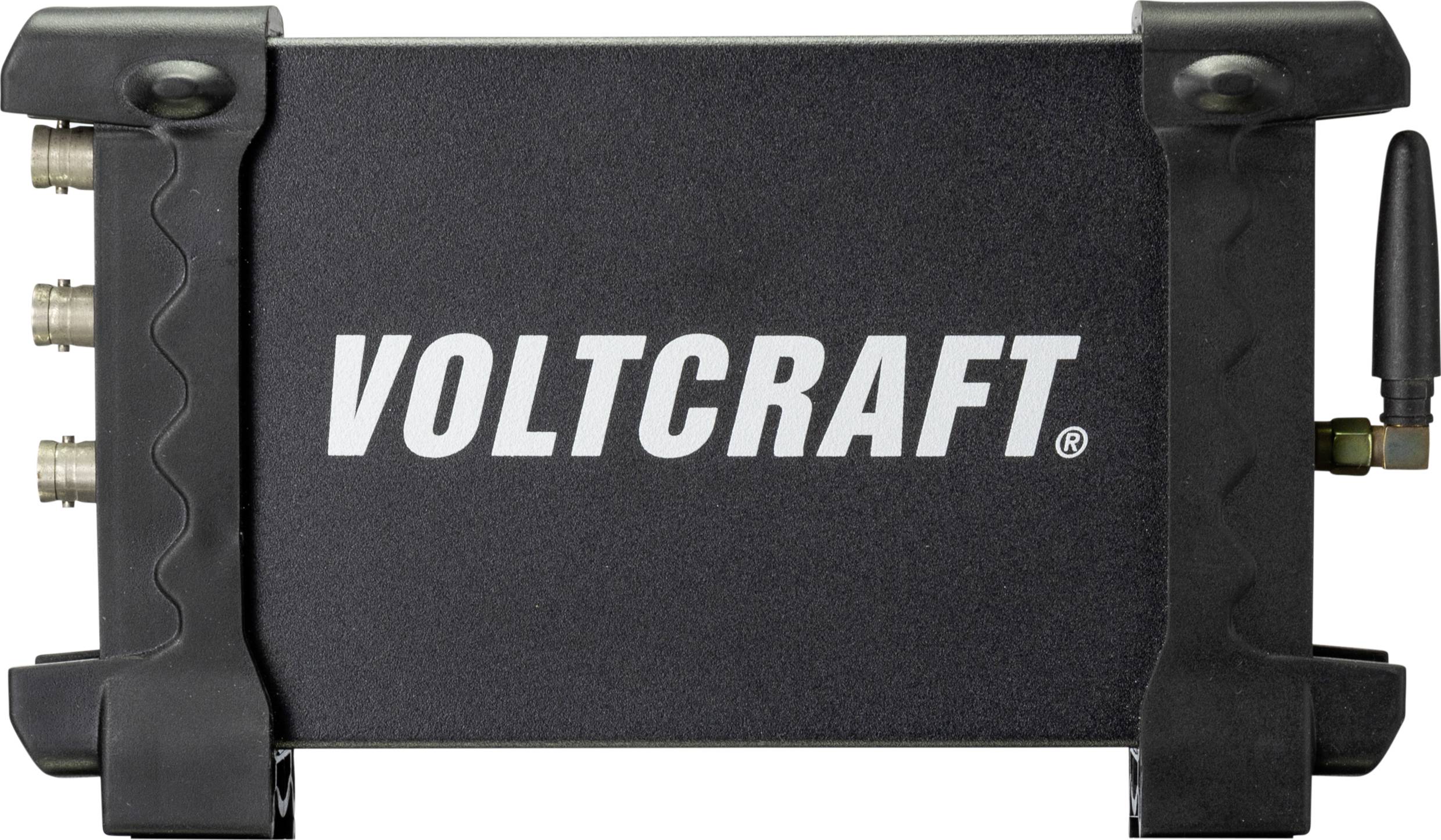 Černé zařízení s nápisem 'VOLTCRAFT'. Na levé straně má čtyři připojovací zdířky a na pravé straně anténu.