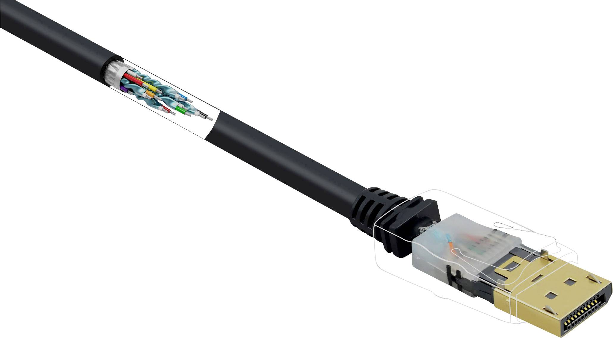 Černozlaté HDMI kabely s průhledným krytem konektoru, který odhaluje barevné vnitřní vodiče.