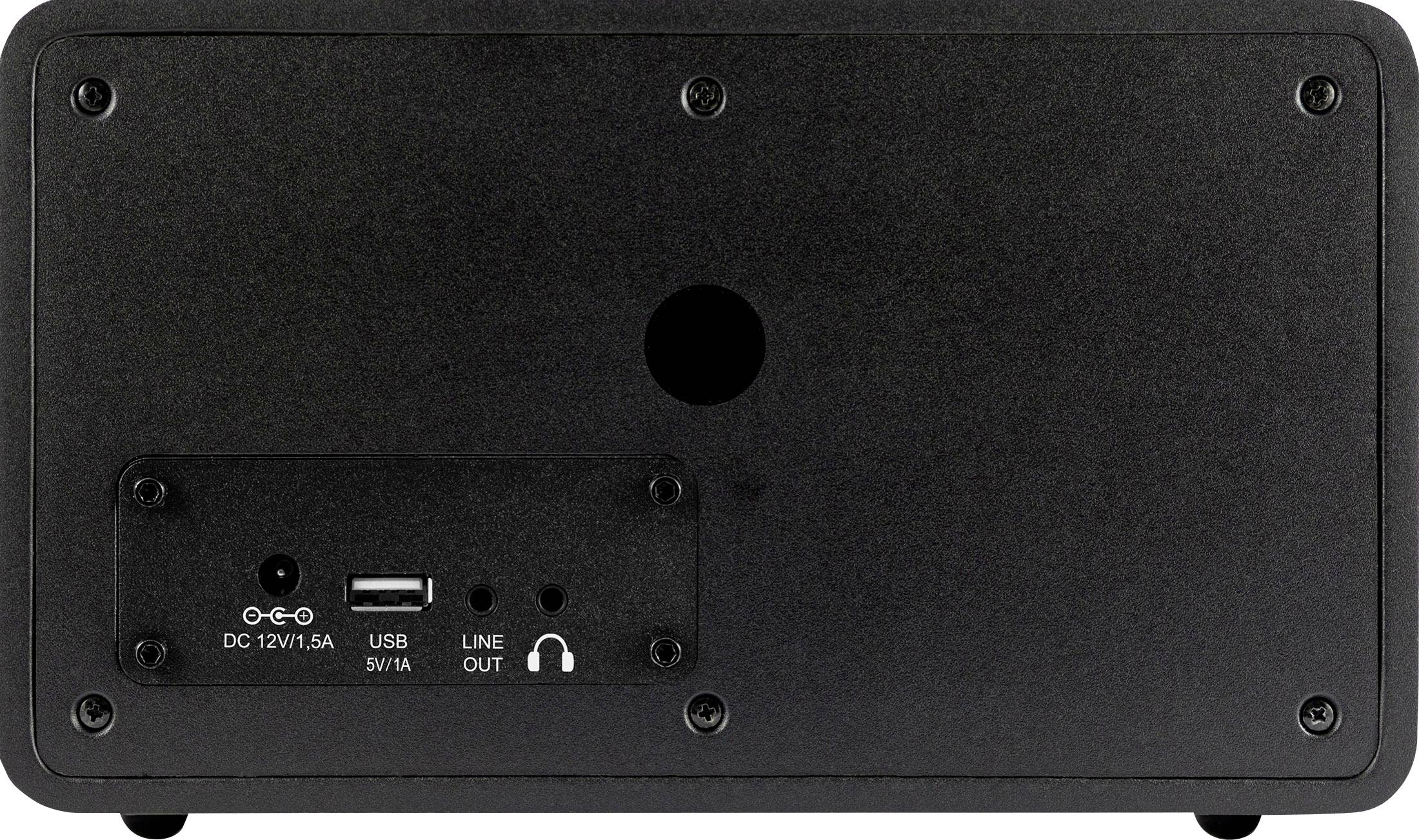 Zadní strana černého zařízení s přípojkami: DC 12V/1,5A, USB 5V/1A, Line-Out a zdířka pro sluchátka.