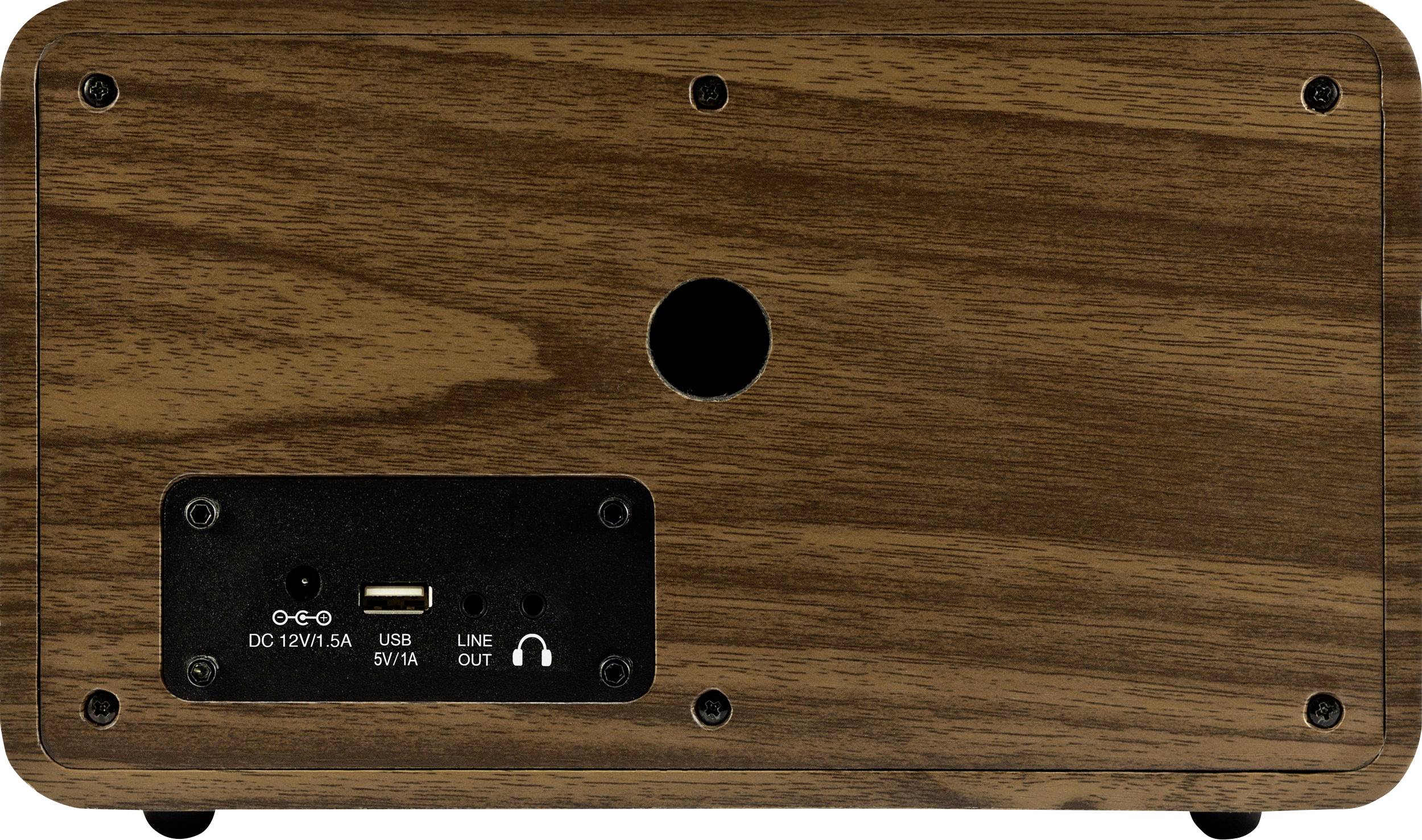Zadní strana dřevěného pouzdra s přípojkami: DC 12V, USB 5V/1A, linkový výstup, zdířka pro sluchátka.