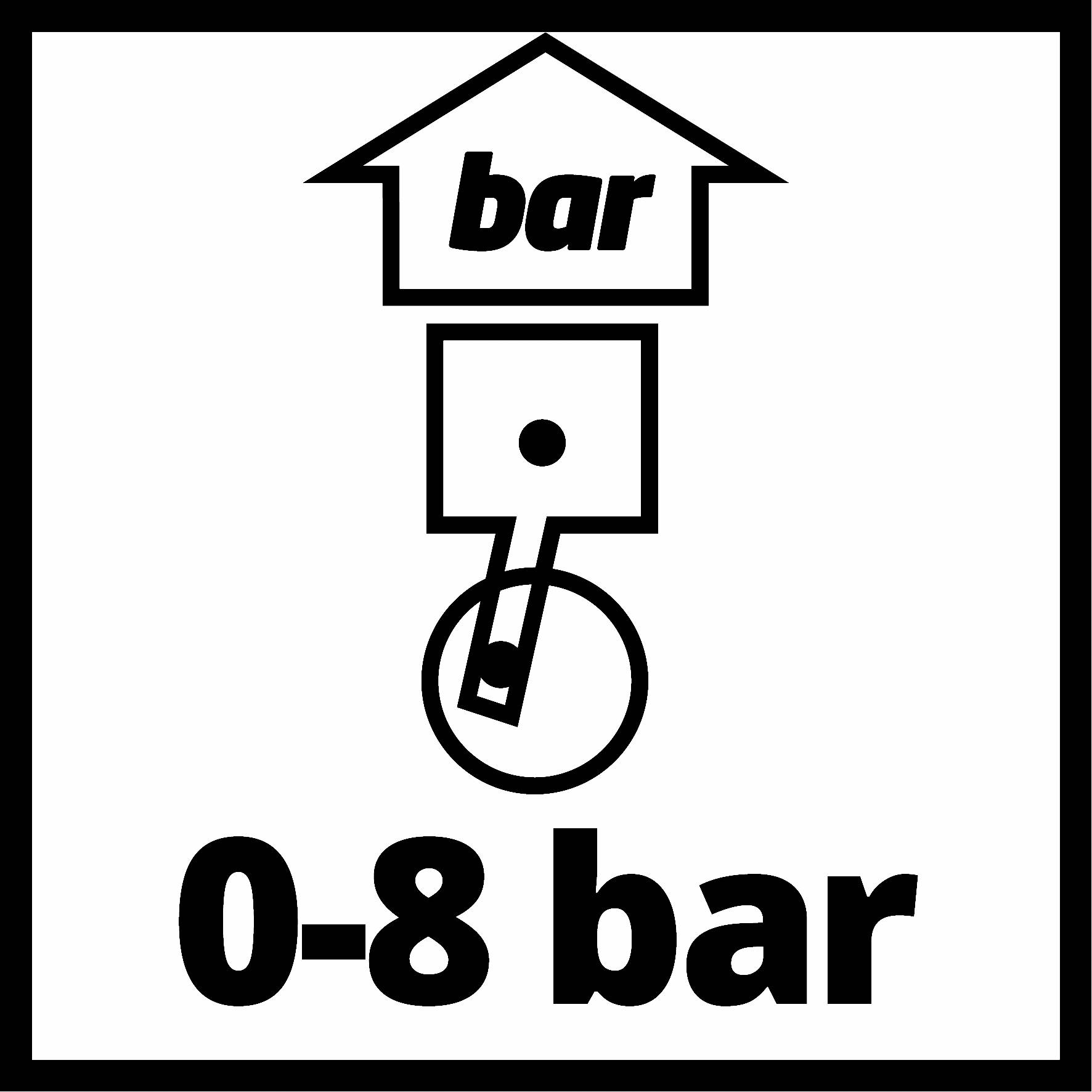 'Symbol domu s textem 'bar', pod ním obrázek kompresoru, z něhož směřuje šipka dolů. Níže text '0-8 bar'.'