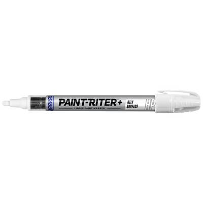 Stříbrný lakový fix 'Paint-Riter+' pro hladké povrchy s bílým uzávěrem a vytištěným logem.