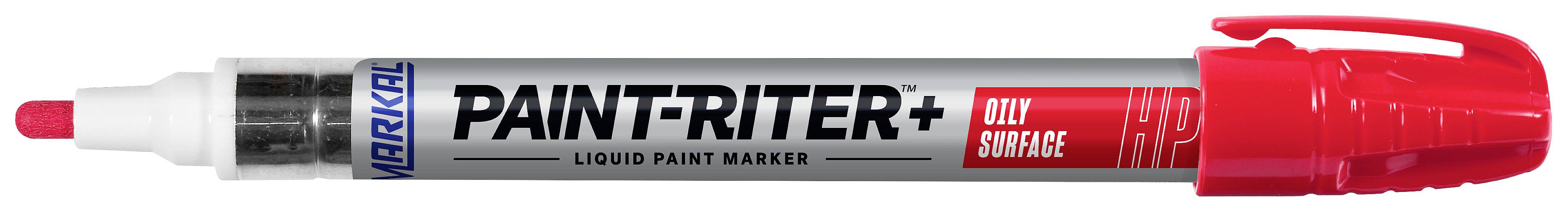 Červený lakový popisovač Roter Markal 'PAINT-RITER+' s jemným hrotem a červeným víčkem, vhodný pro hladké povrchy.