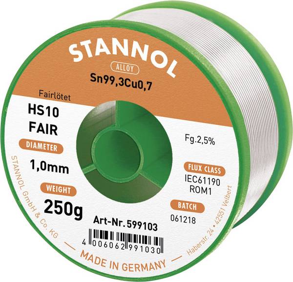 Stannol HS10-Fair pájecí cín cívka Sn99,3Cu0,7 ROM1 250 g 1 mm