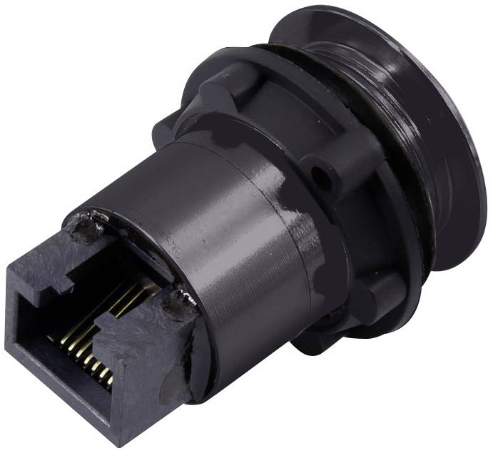 Černý průmyslový RJ45 konektor s integrovaným šroubovým mechanismem, zobrazující zásuvku a pouzdro.