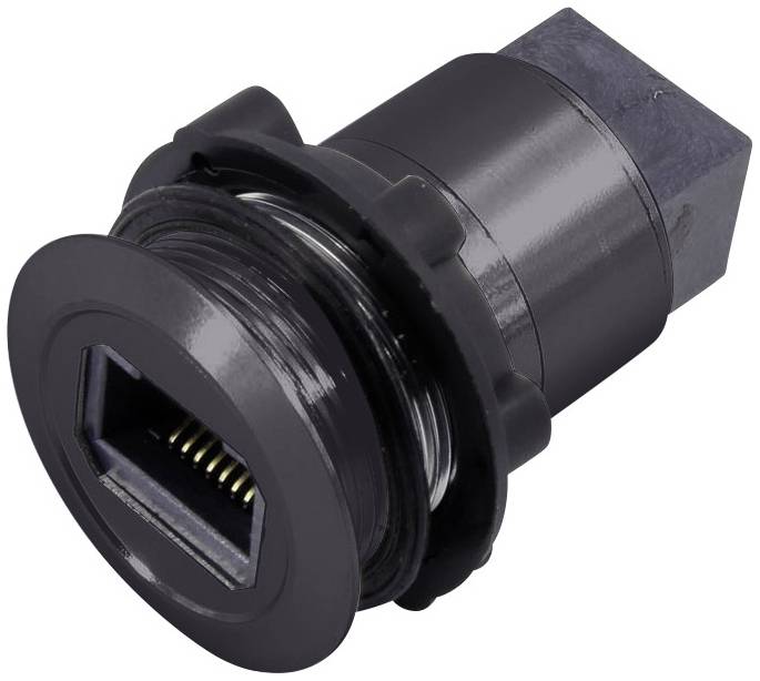 Černá, kulatá síťová zásuvka RJ45 pro montáž do panelu, se závitem a šestihrannou základnou, vhodná pro průmyslové aplikace.