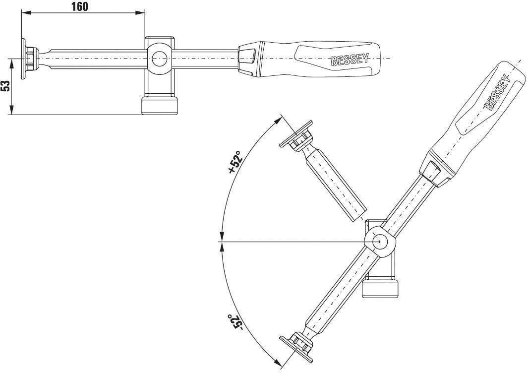 Technický výkres nastavitelné páky s rukojetí. Zobrazuje rozměry 160 mm délky a 55 mm výšky s nastavitelným úhlem otočení +/- 52°.