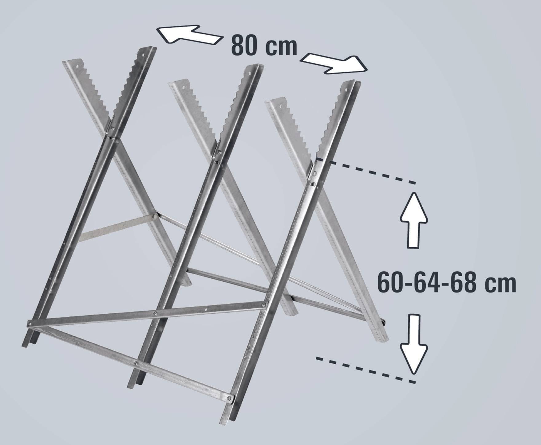 Kovový řezací kůň s nastavitelnými výškami 60, 64 až 68 cm. Délka: 80 cm. Ideální pro stabilizaci dřeva při řezání.