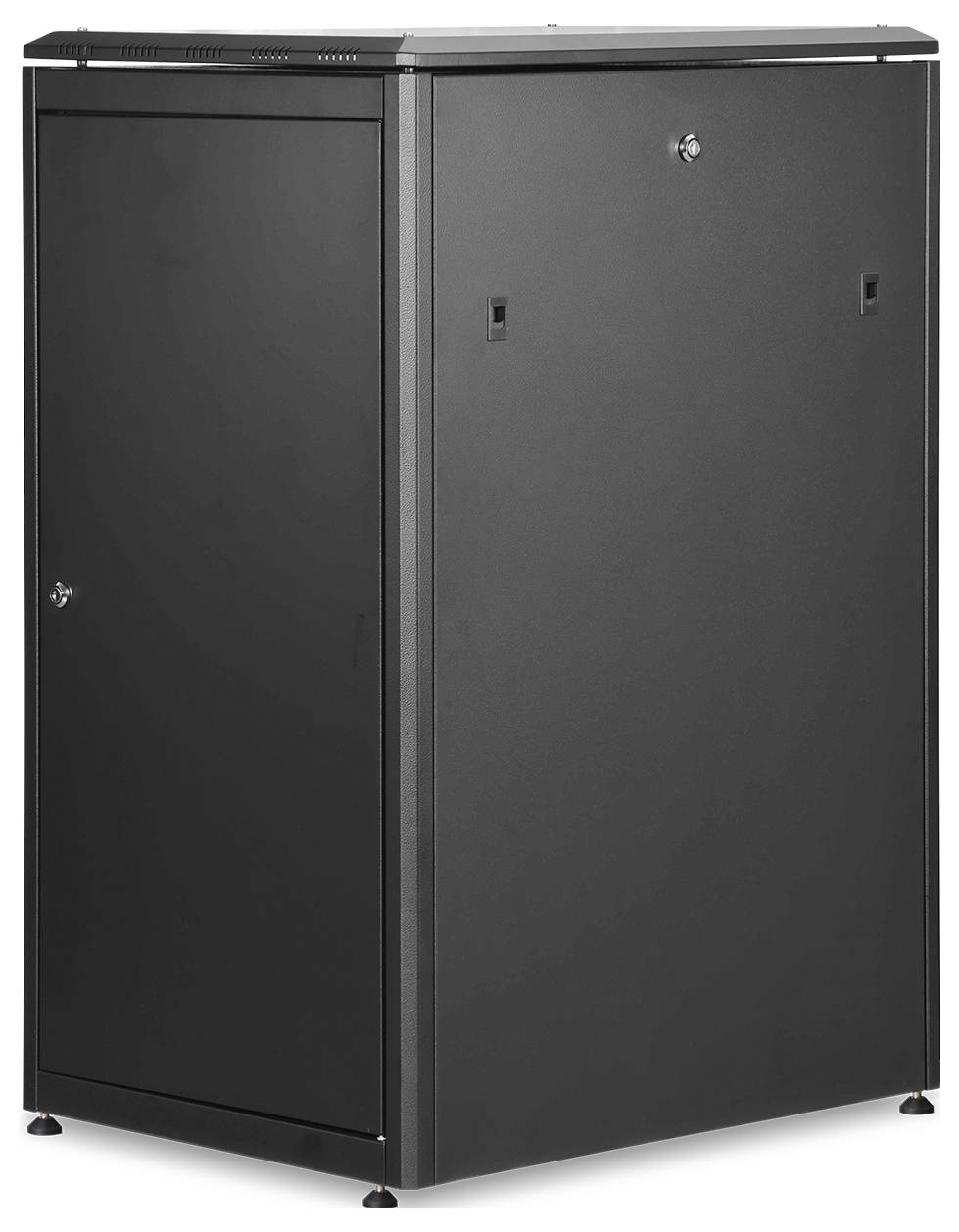 Černá serverová rozváděcí skříň se zamykatelnými dveřmi, volně stojící na podlaze. Primárně určená pro IT vybavení a servery.