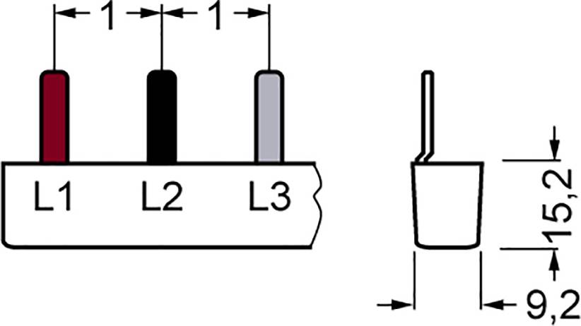 Diagram znázorňuje třípólový kabel s přípojkami L1, L2, L3 v barvách červená, černá a šedá, s rozměry 15,2 mm výšky a 9,2 mm šířky.