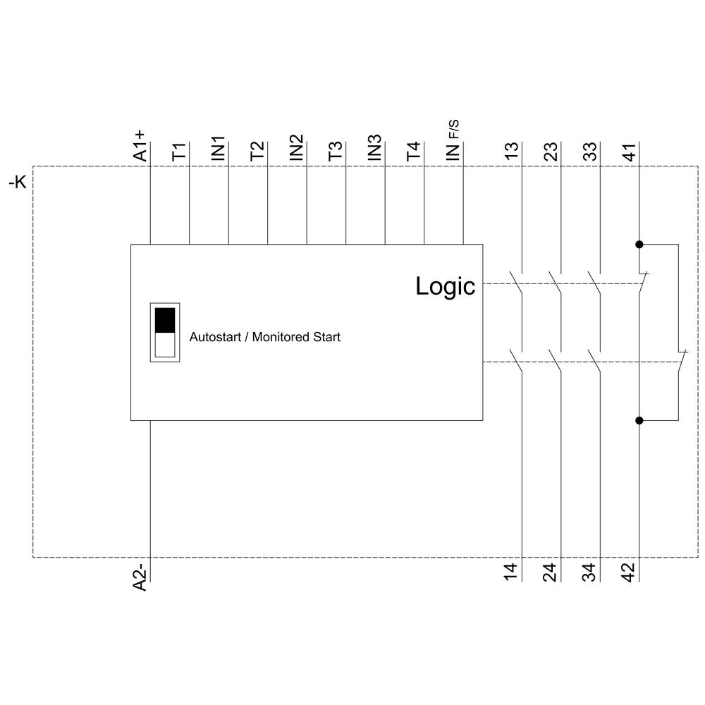 'Schéma zapojení logického spínacího zařízení se vstupy T1 až T4, IN1, IN2 a výstupy 13, 14, 23, 24, 33, 34, 41, 42. Znázorněna přepínací funkce.'