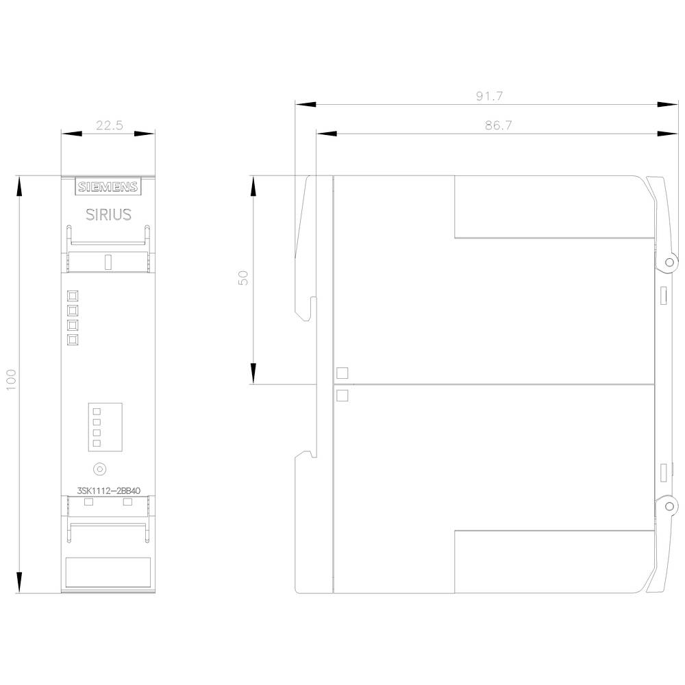 Technický výkres obdélníkového zařízení s rozměry: 22,5 x 100 mm (pohled zepředu) a 91,7 x 86,7 x 50 mm (boční pohled).