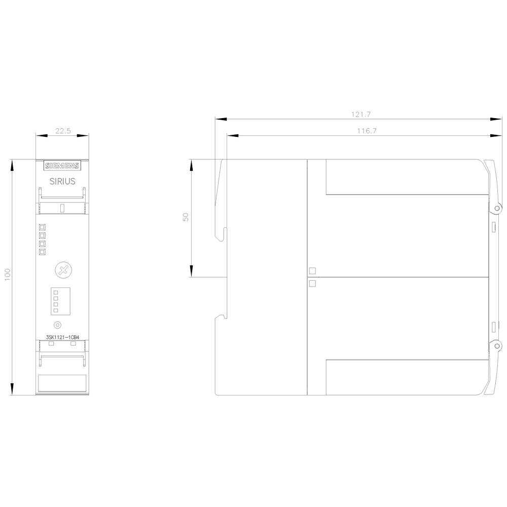 Technický výkres zařízení s rozměry 100x22,5 mm a 116,7x121,7 mm, s nápisem 'SIRIUS' na přední straně.