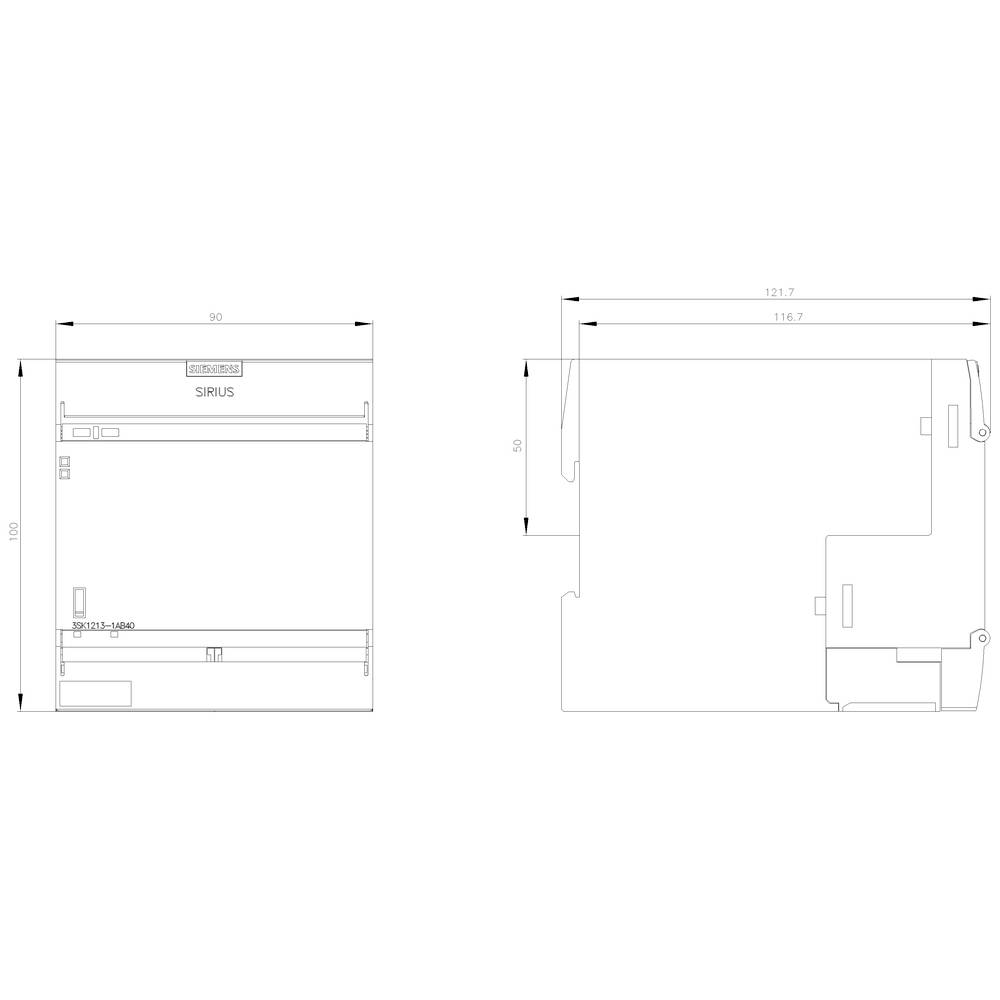 Technický výkres dvou pohledů z boku čtvercového zařízení, rozměry zřetelně vyznačeny: 90x100 mm a 131,7x118,7 mm.