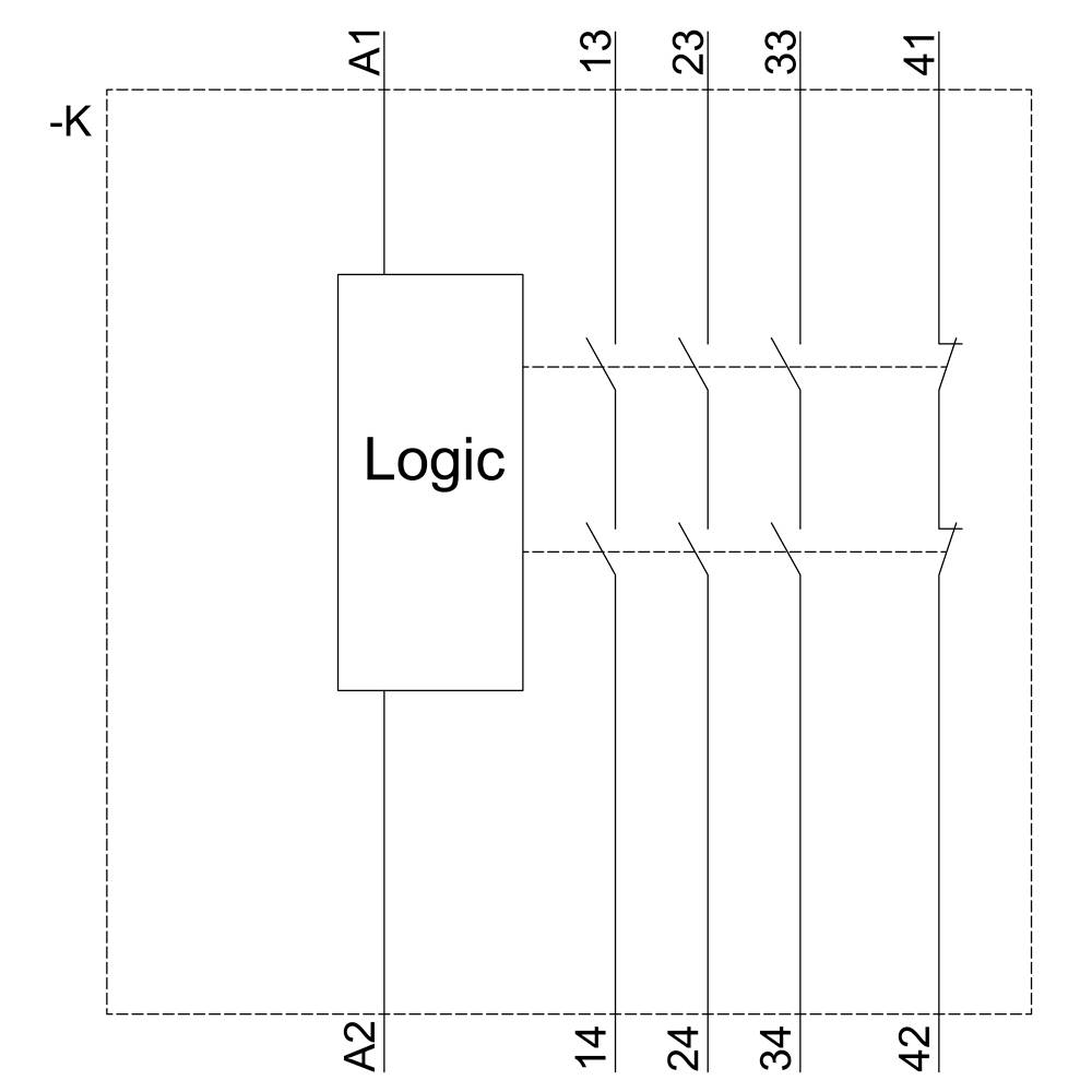 Diagram logického obvodu se vstupy A1, A2 a výstupy 13, 23, 33, 41, 42. Zobrazeny propojení mezi logikou a výstupy.
